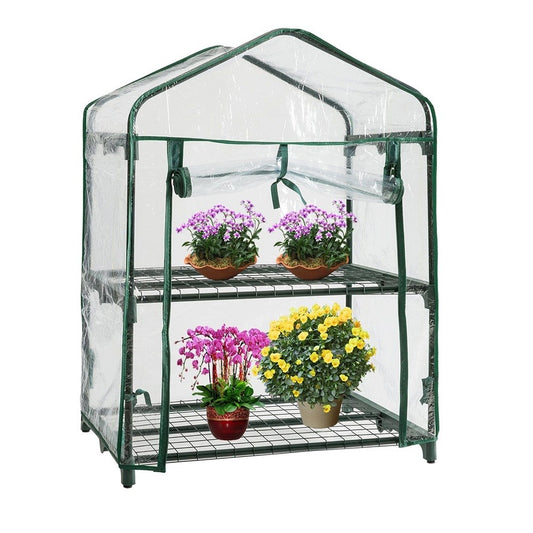 Mini film greenhouse with 2 shelves
